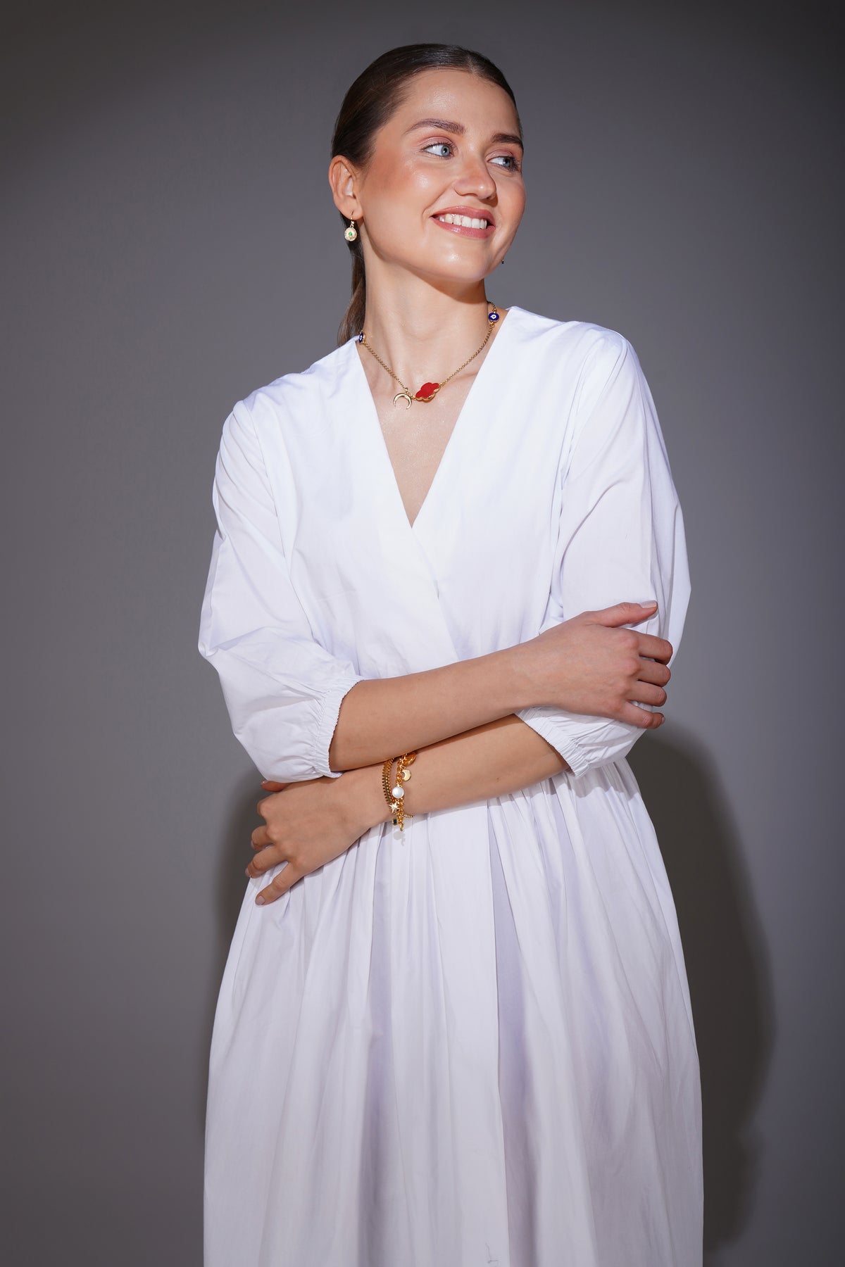 White Front buttoned Midi dress