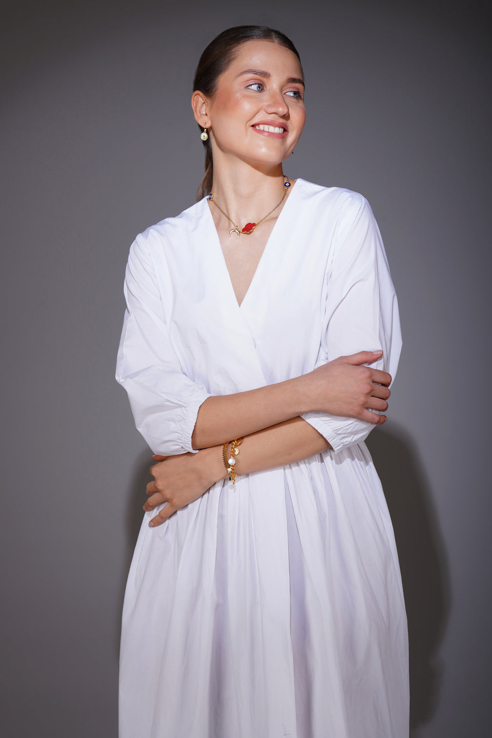 White Front buttoned Midi dress