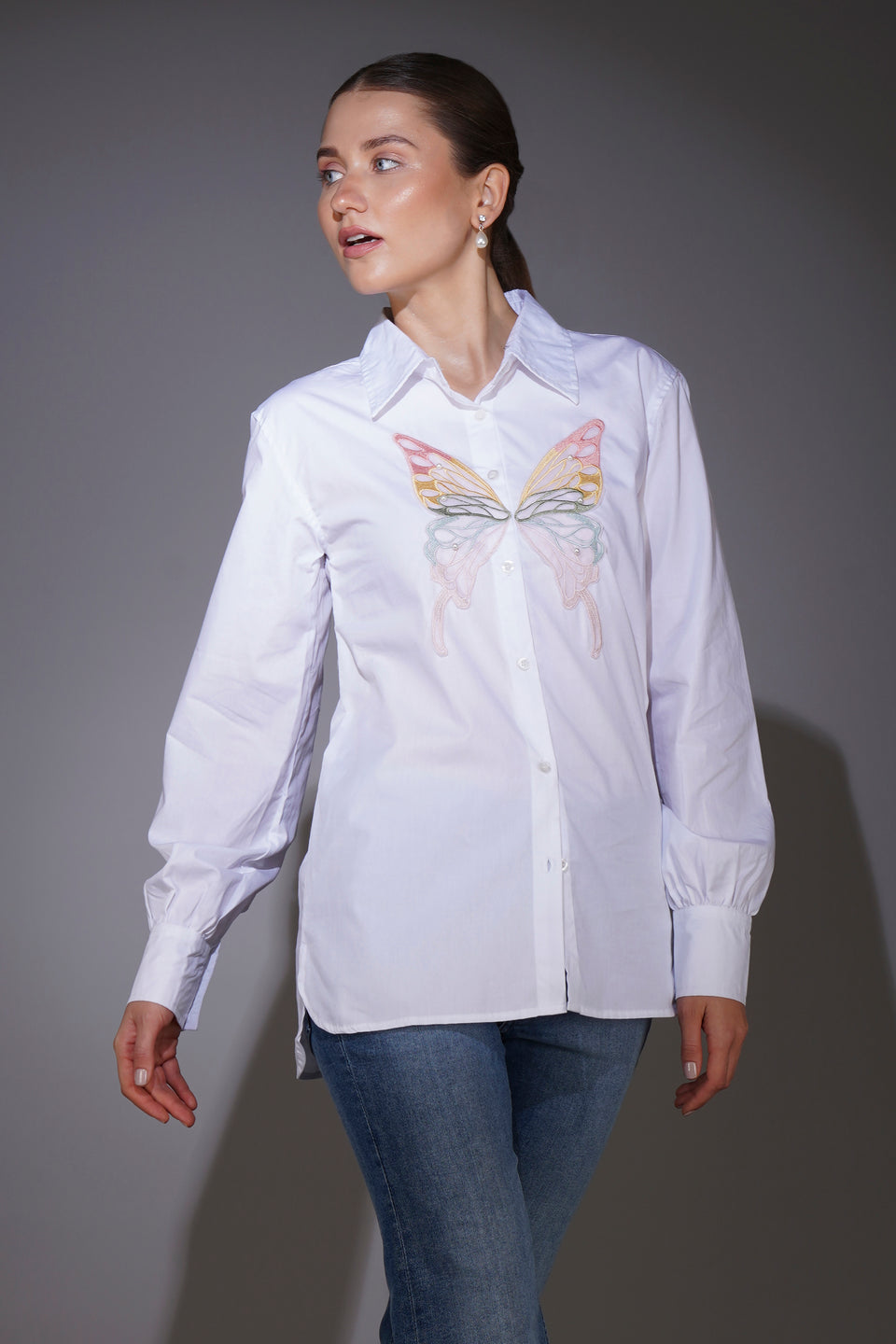 White Shirt with Butterfly Patch