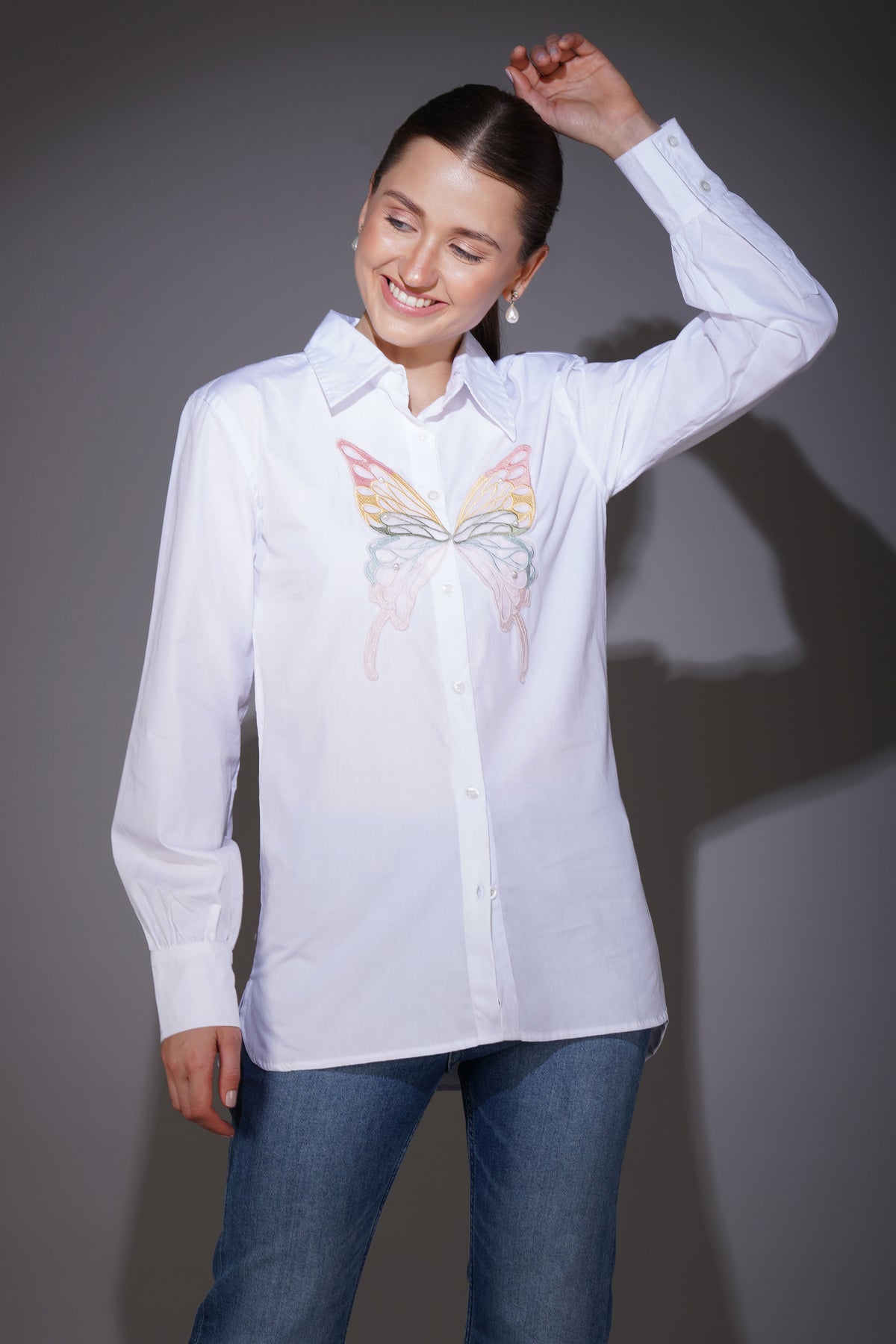 White Shirt with Butterfly Patch