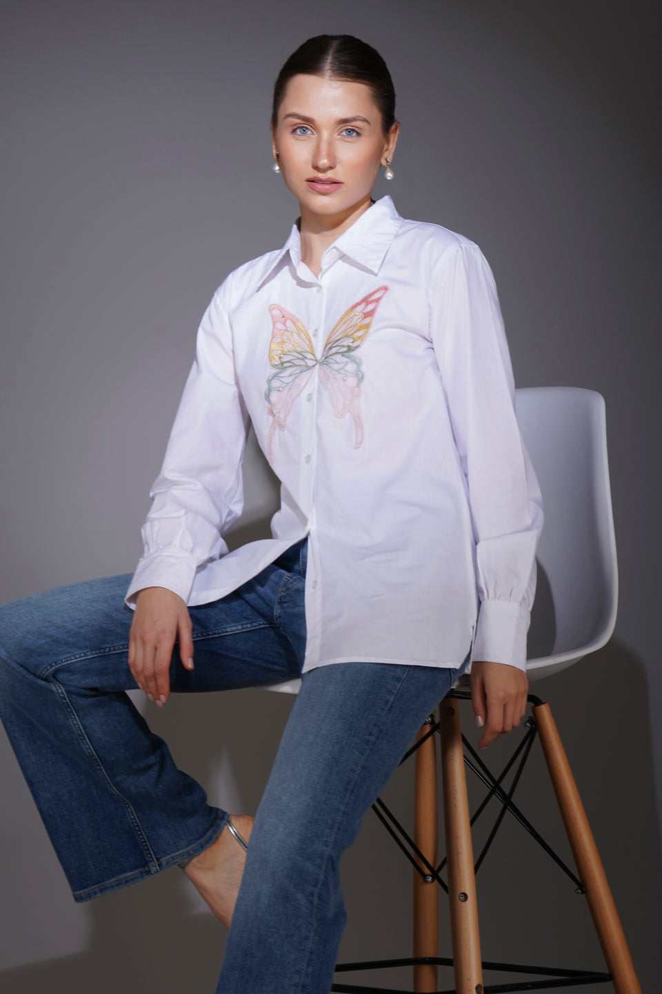 White Shirt with Butterfly Patch