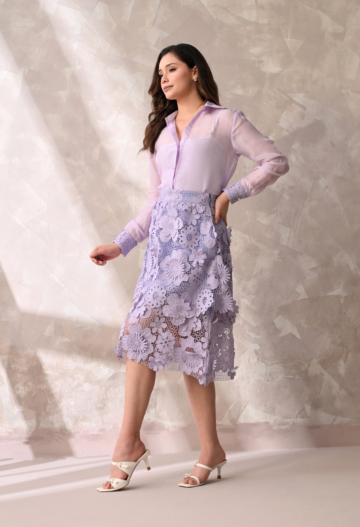 Lilac Floral Lace Skirt &  Shirt set