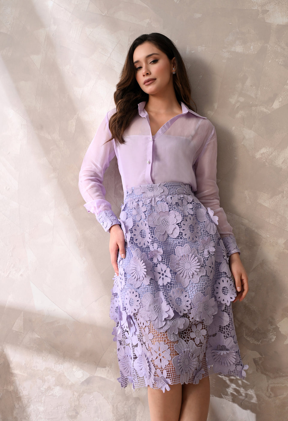 Lilac Floral Lace Skirt &  Shirt set