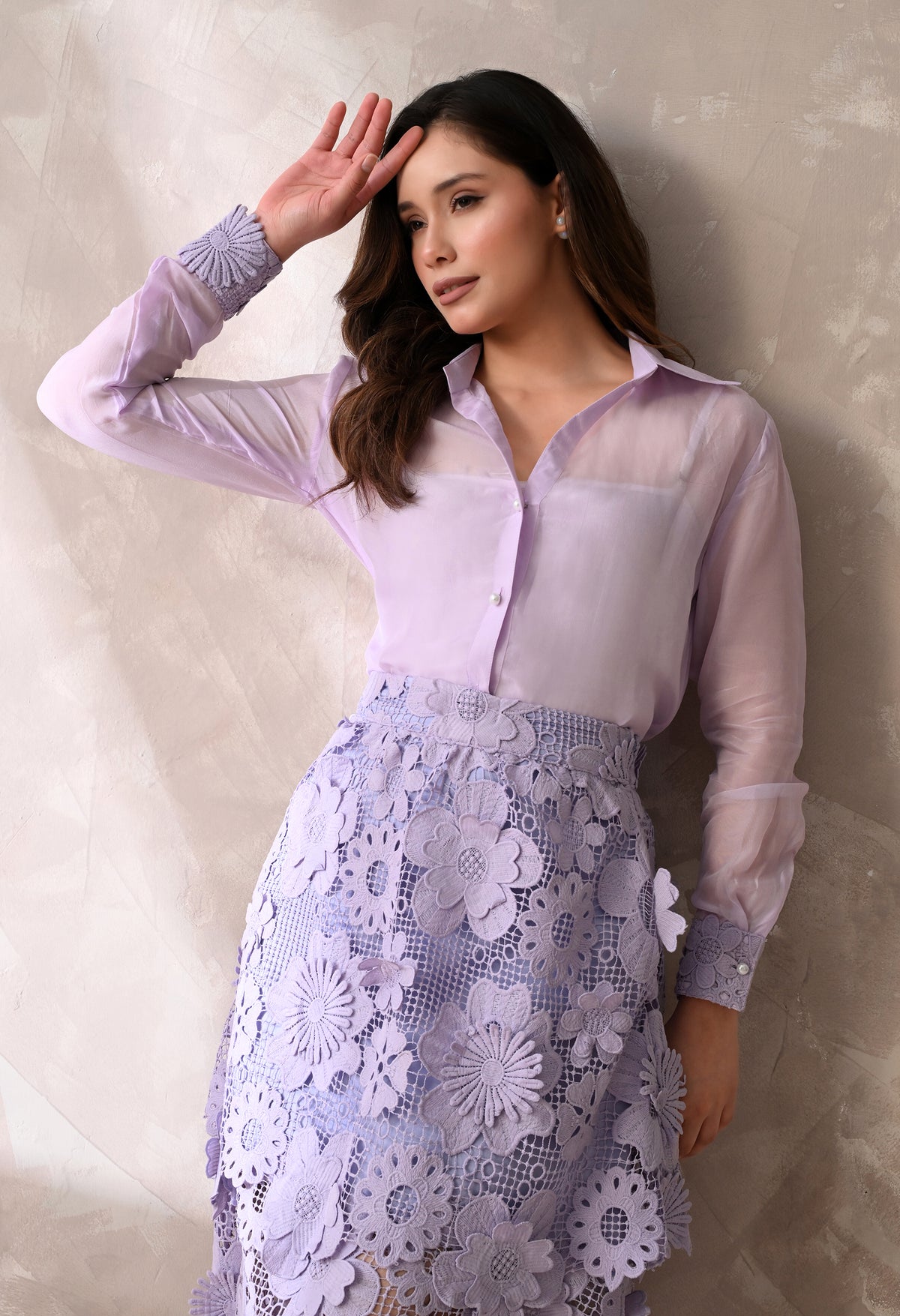 Lilac Floral Lace Skirt &  Shirt set