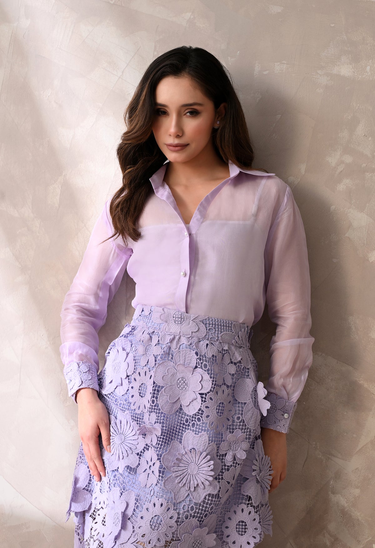 Lilac Floral Lace Skirt &  Shirt set