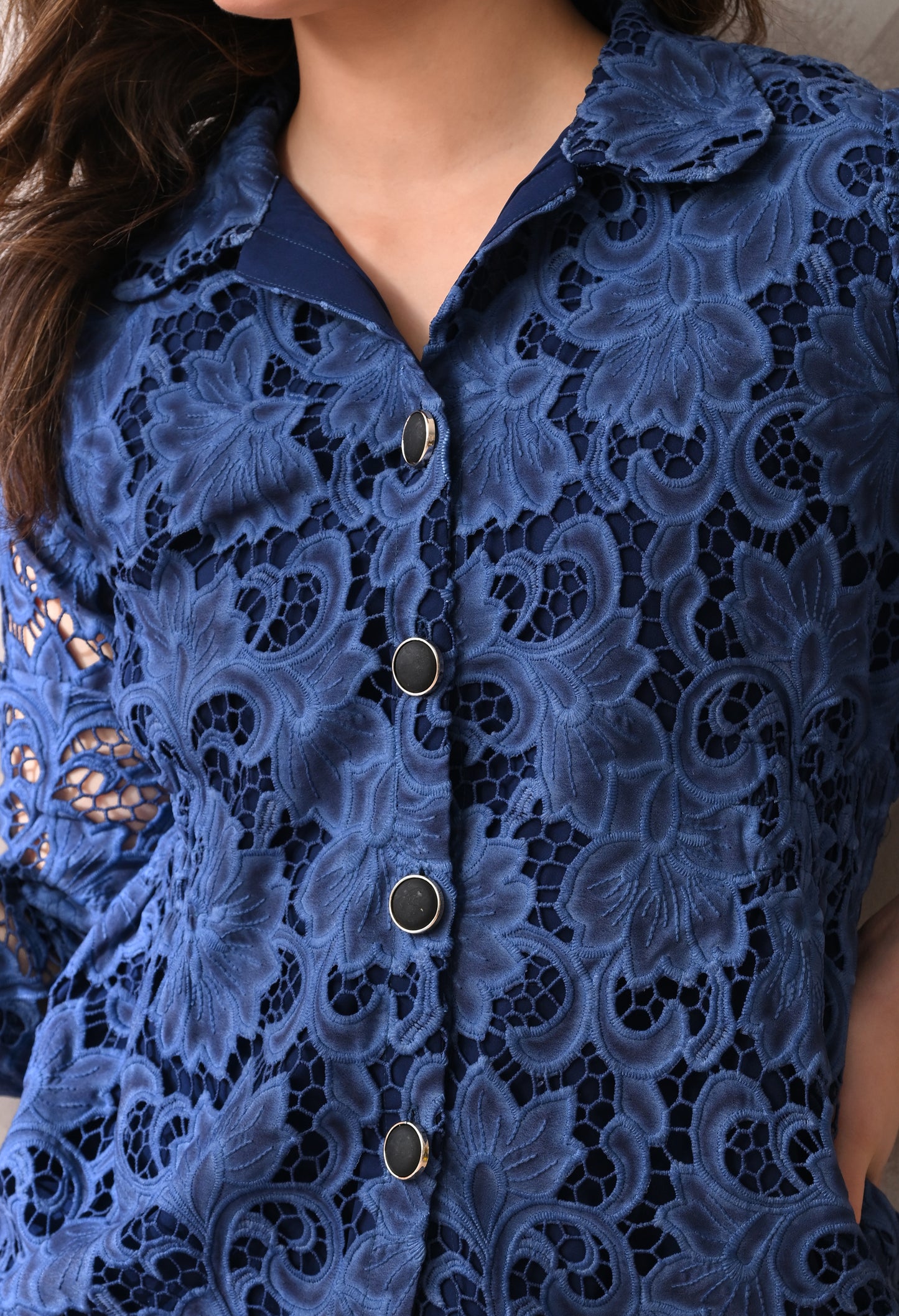 MIDNIGHT BLUE LACE SKIRT AND SHIRT SET