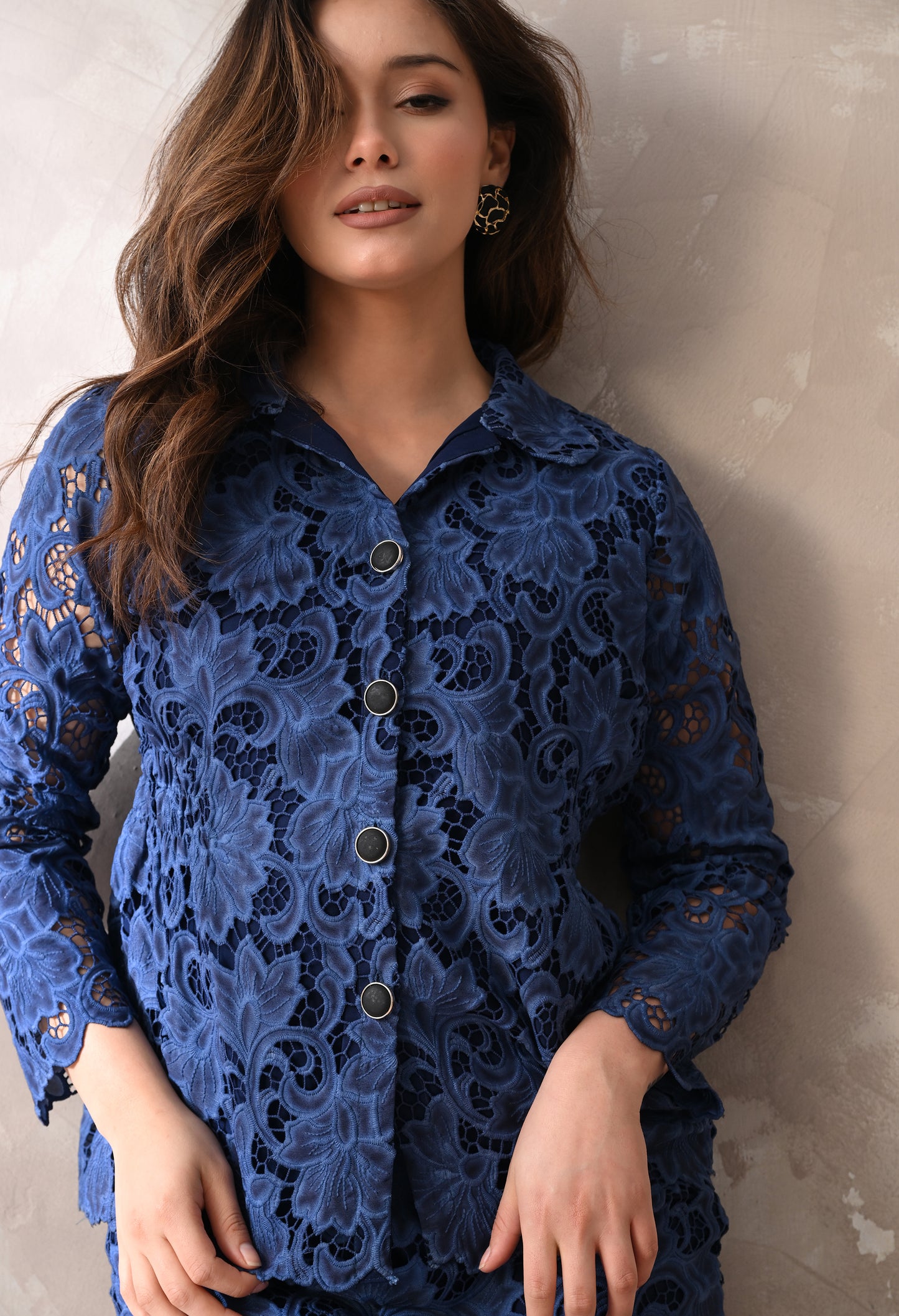 MIDNIGHT BLUE LACE SKIRT AND SHIRT SET