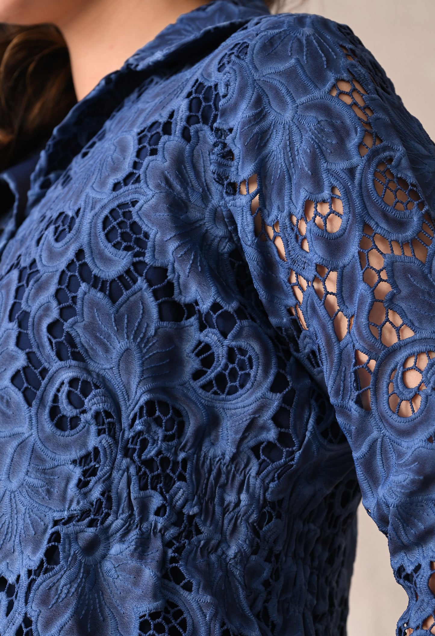 MIDNIGHT BLUE LACE SKIRT AND SHIRT SET