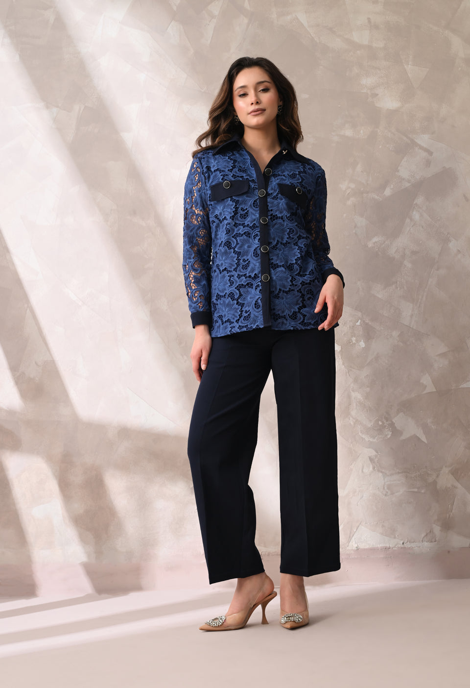 Midnight Blue Tailored Wide-Leg Trousers