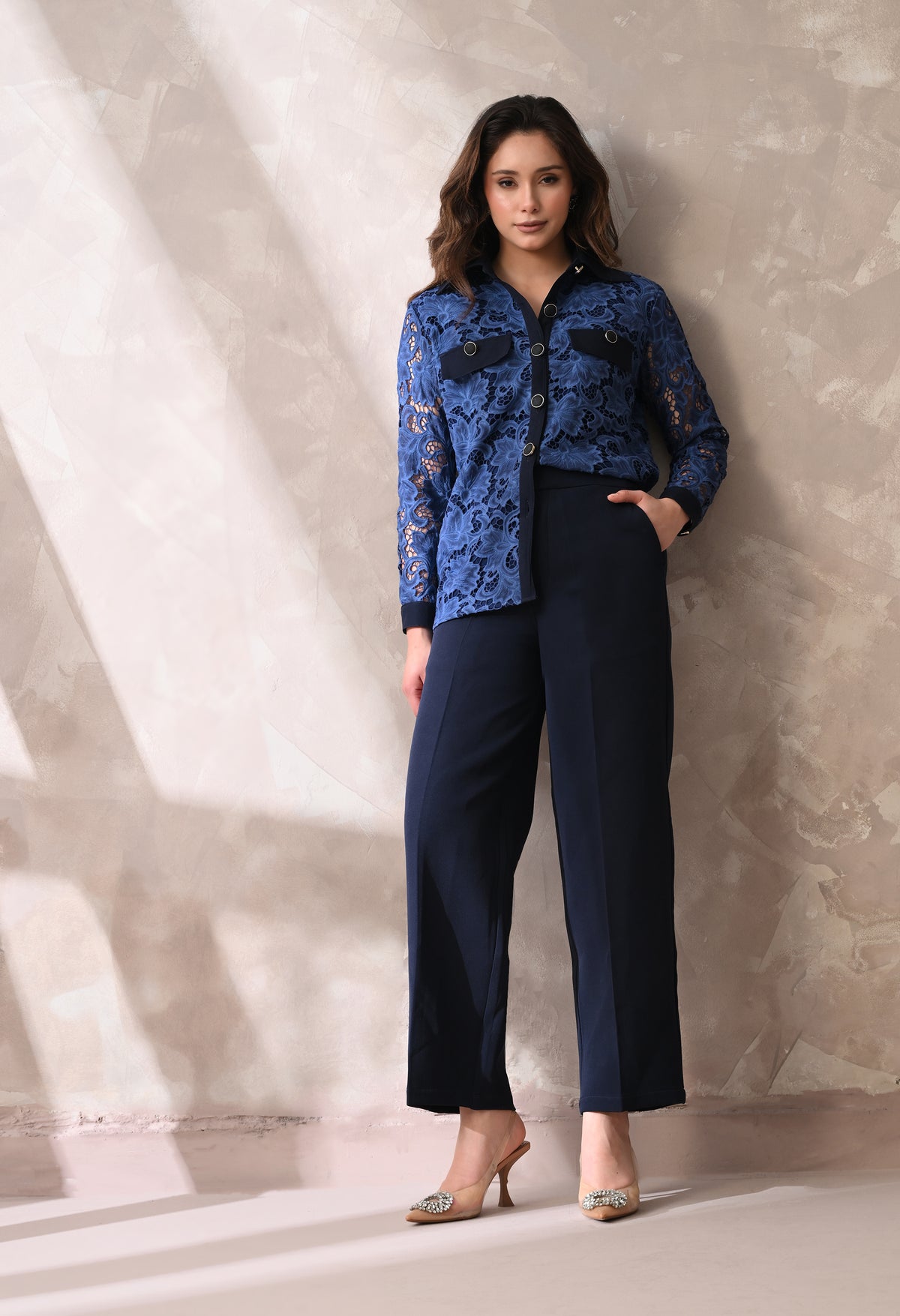 Midnight Blue Tailored Wide-Leg Trousers