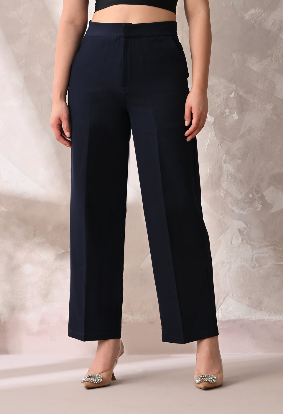 Midnight Blue Tailored Wide-Leg Trousers