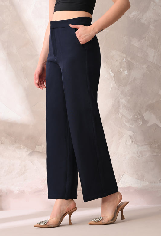 Midnight Blue Tailored Wide-Leg Trousers