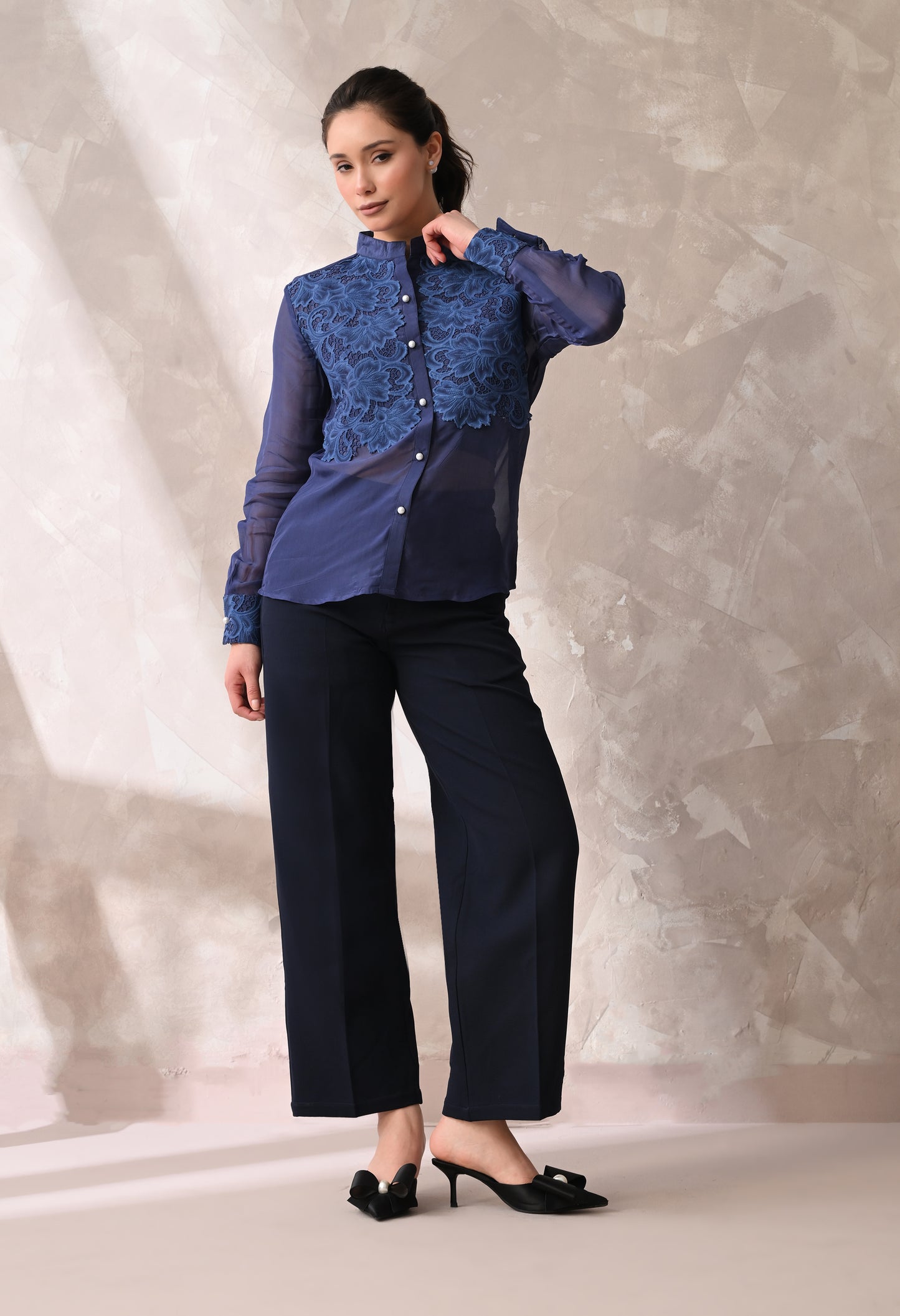Midnight Blue Floral Appliqué Sheer Shirt