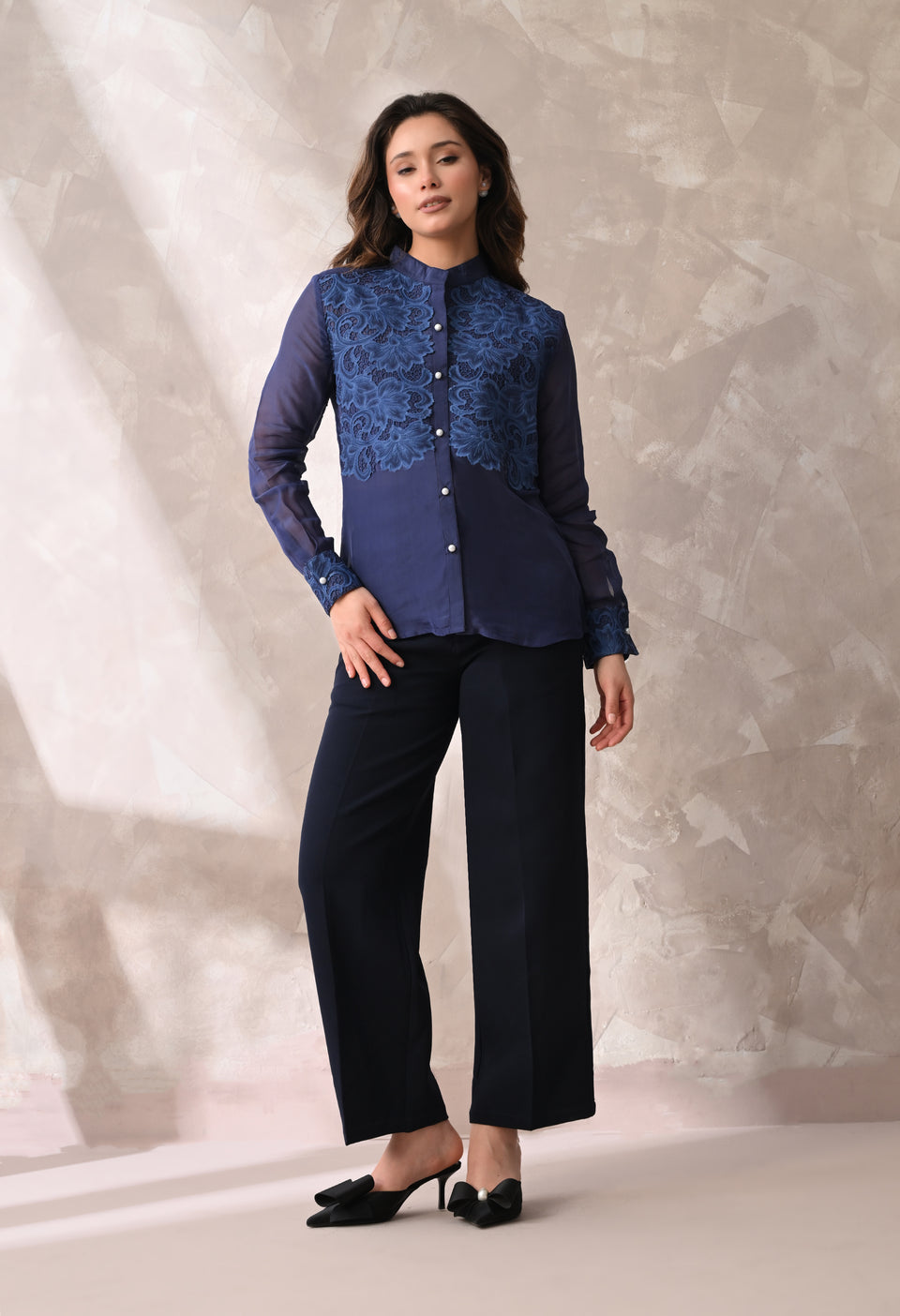 Midnight Blue Floral Appliqué Sheer Shirt