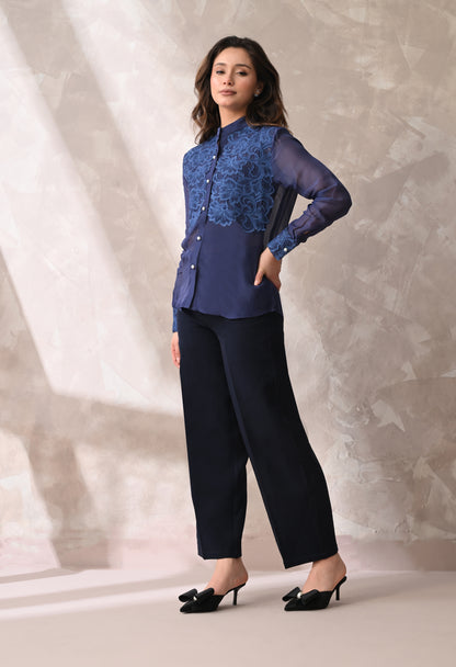 Midnight Blue Floral Appliqué Sheer Shirt