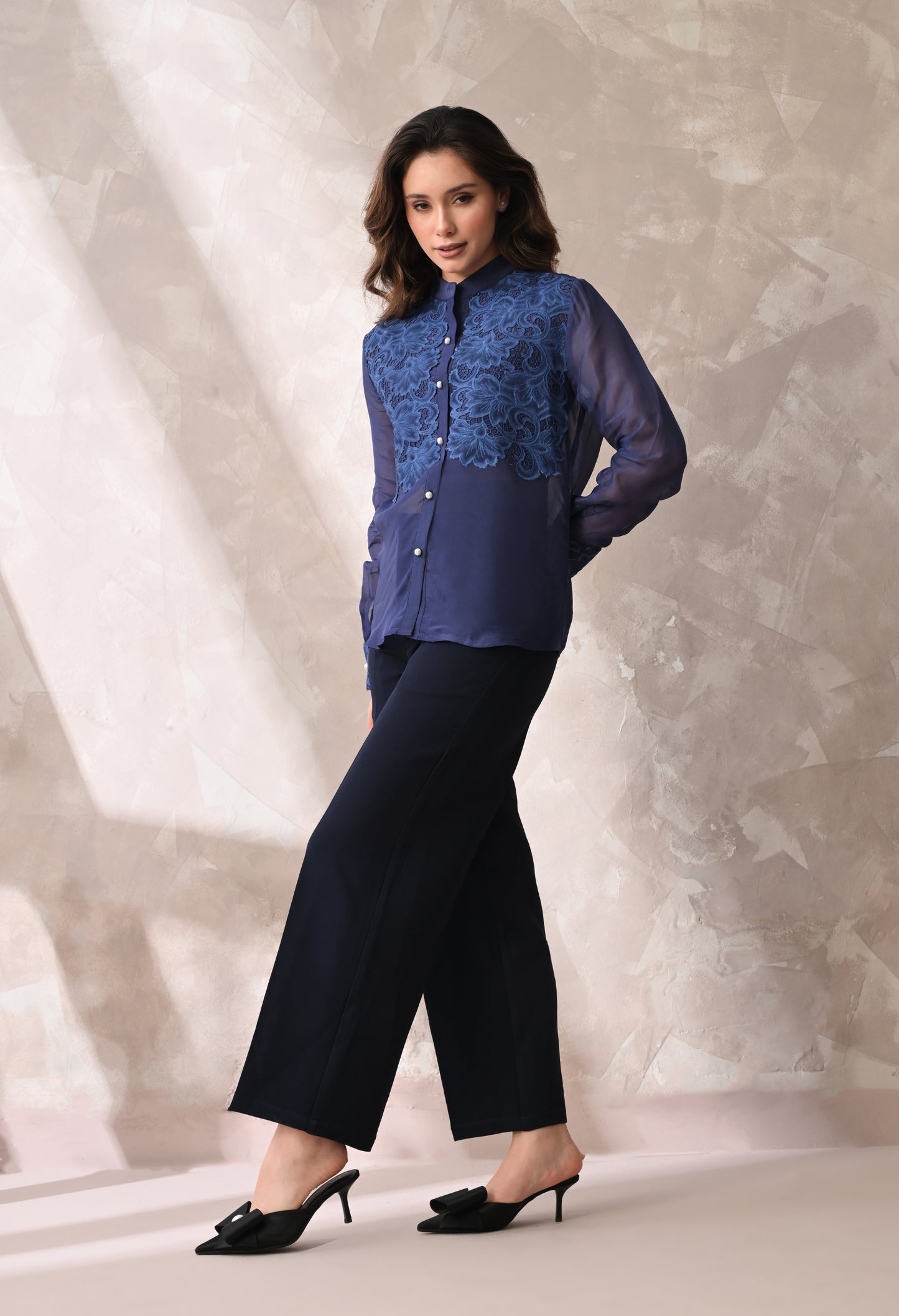 Midnight Blue Floral Appliqué Sheer Shirt
