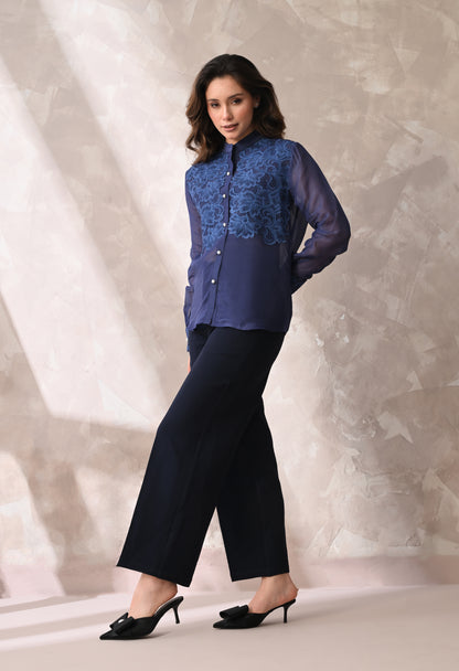 Midnight Blue Floral Appliqué Sheer Shirt