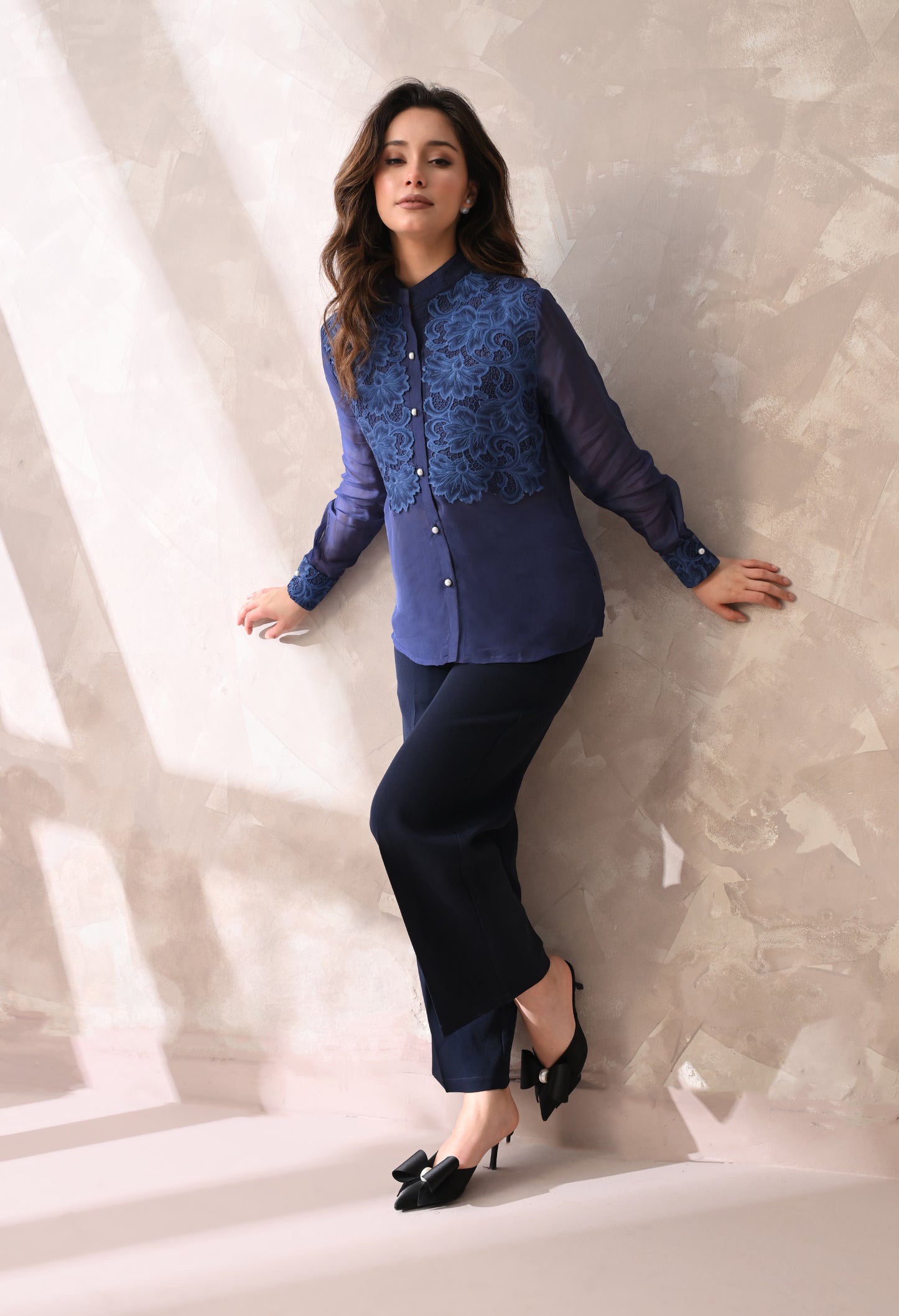 Midnight Blue Floral Appliqué Sheer Shirt