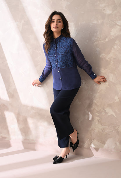 Midnight Blue Floral Appliqué Sheer Shirt