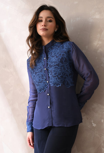Midnight Blue Floral Appliqué Sheer Shirt