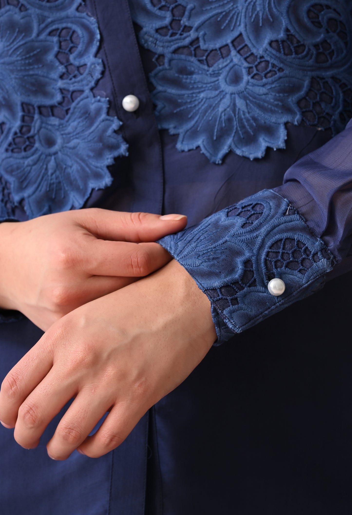 Midnight Blue Floral Appliqué Sheer Shirt