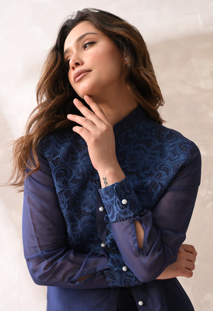 Midnight Blue Floral Appliqué Sheer Shirt
