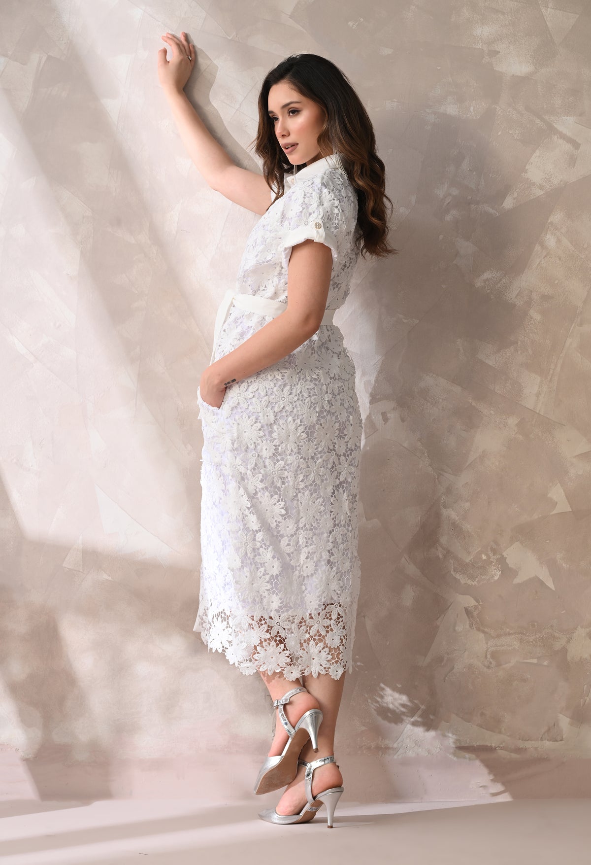 White Floral Lace Summer Midi Dress