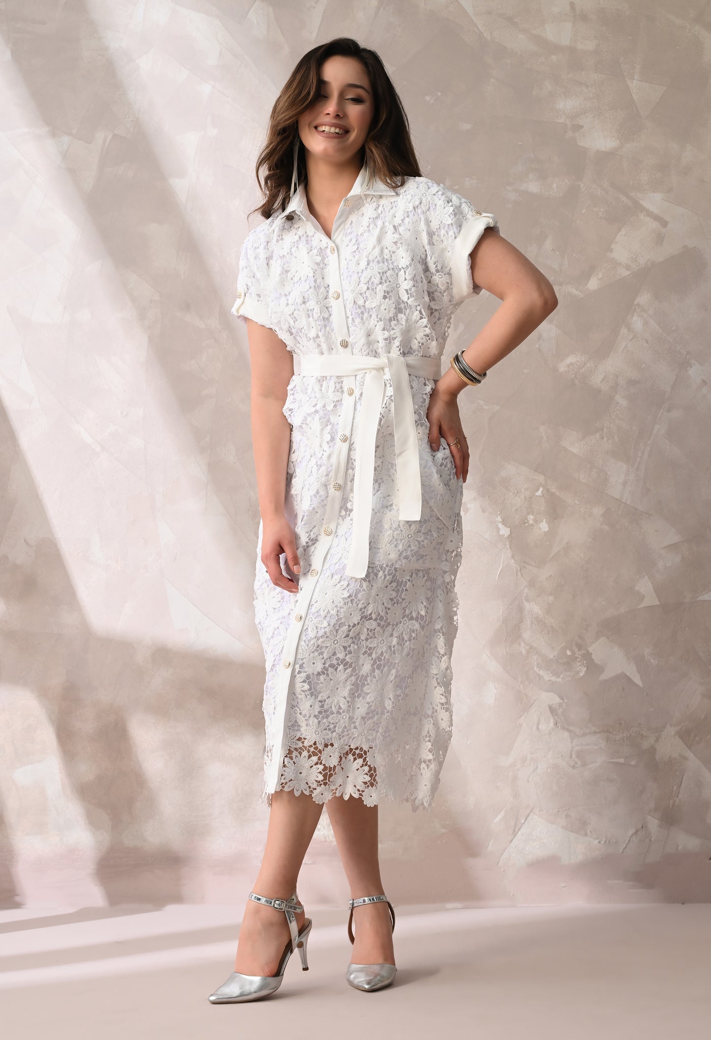 White Floral Lace Summer Midi Dress