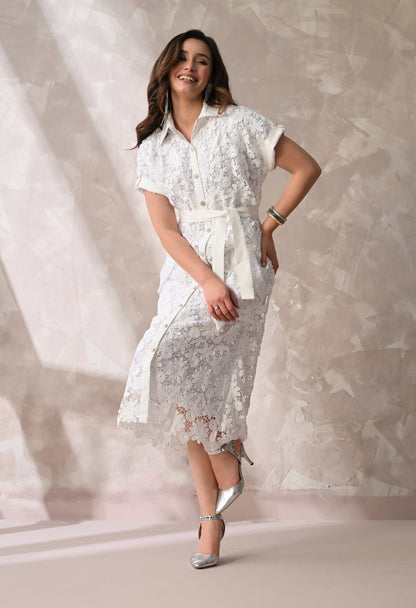 White Floral Lace Summer Midi Dress