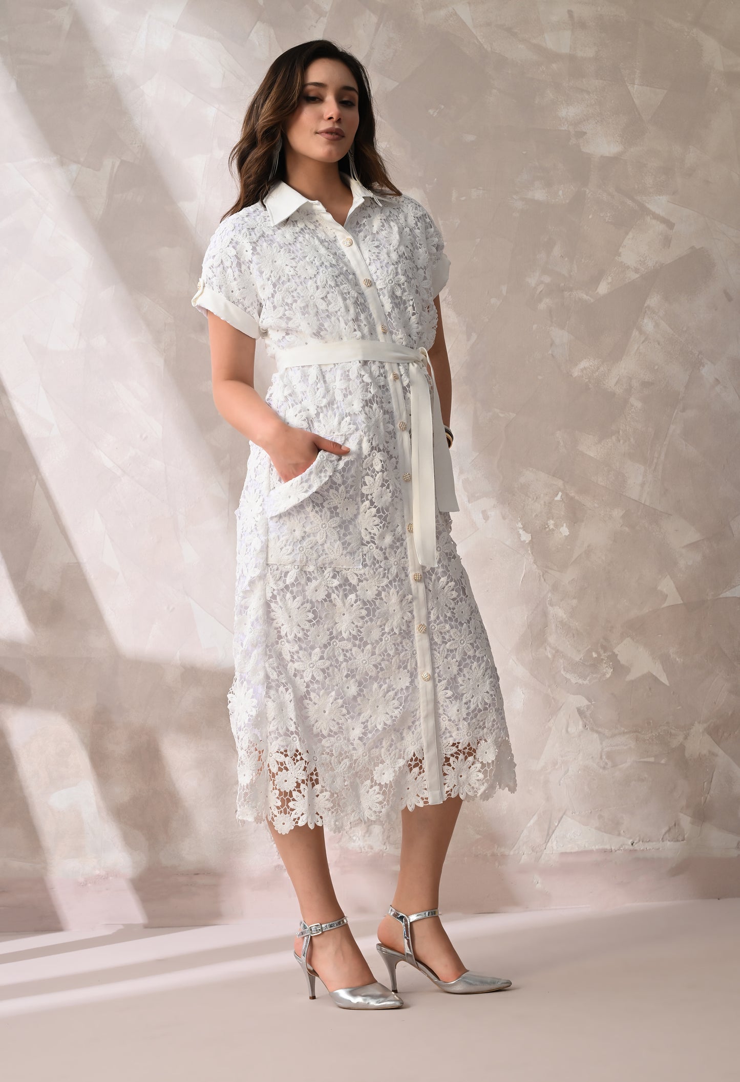 White Floral Lace Summer Midi Dress