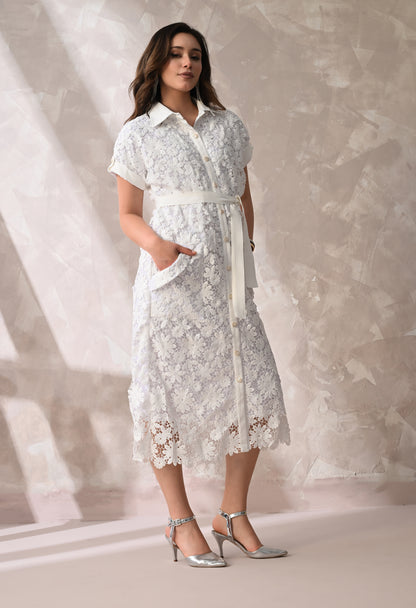 White Floral Lace Summer Midi Dress