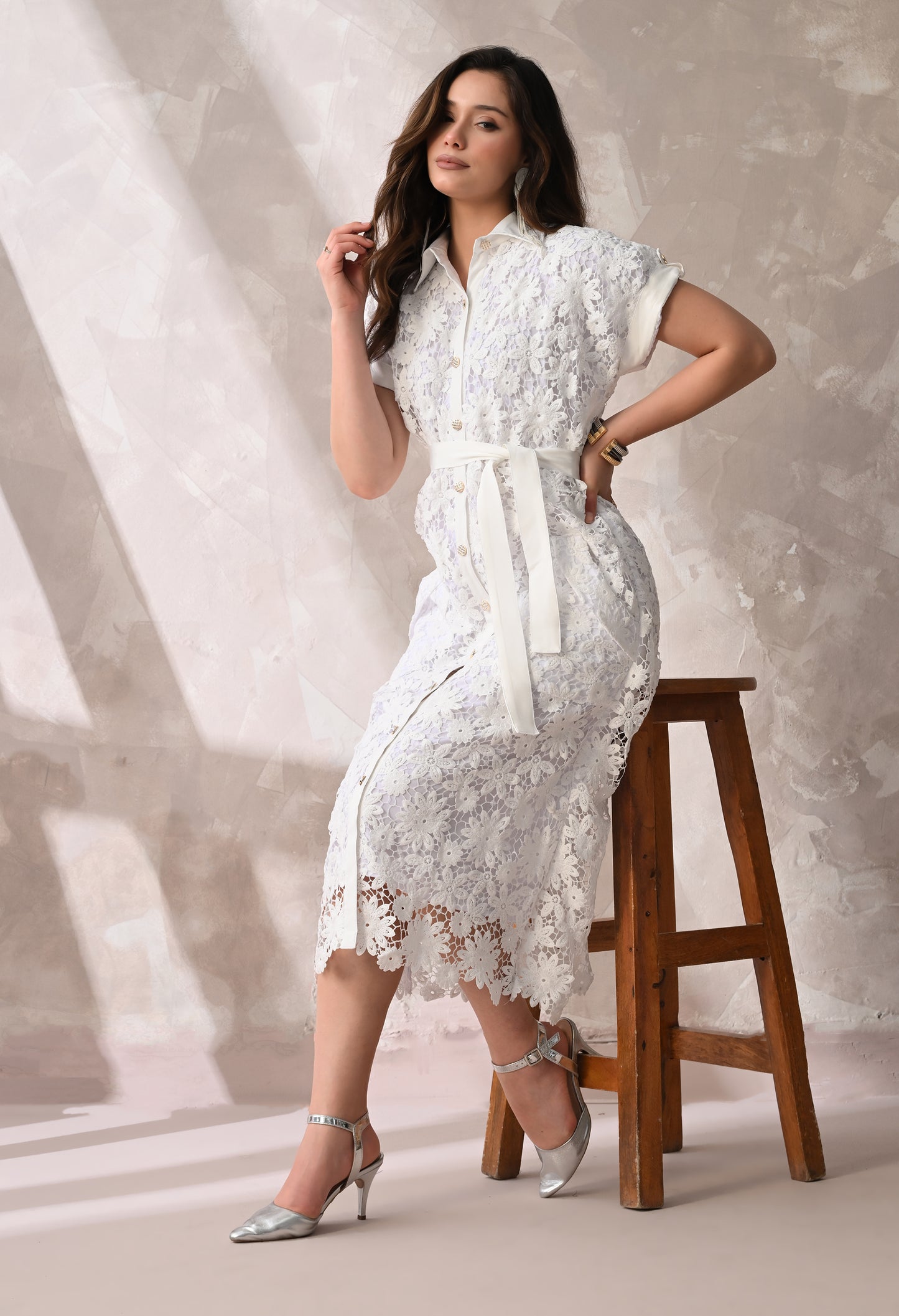 White Floral Lace Summer Midi Dress