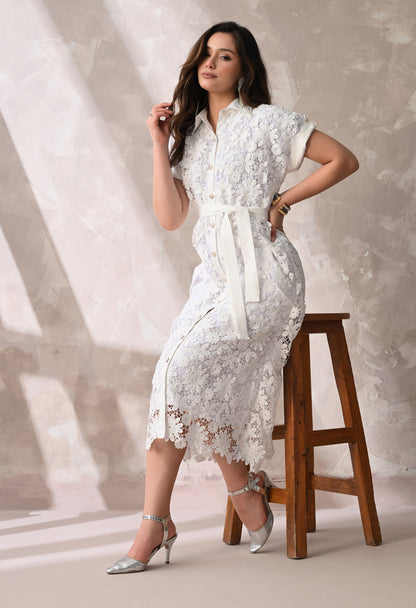 White Floral Lace Summer Midi Dress