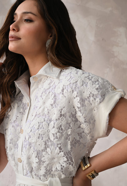 White Floral Lace Summer Midi Dress