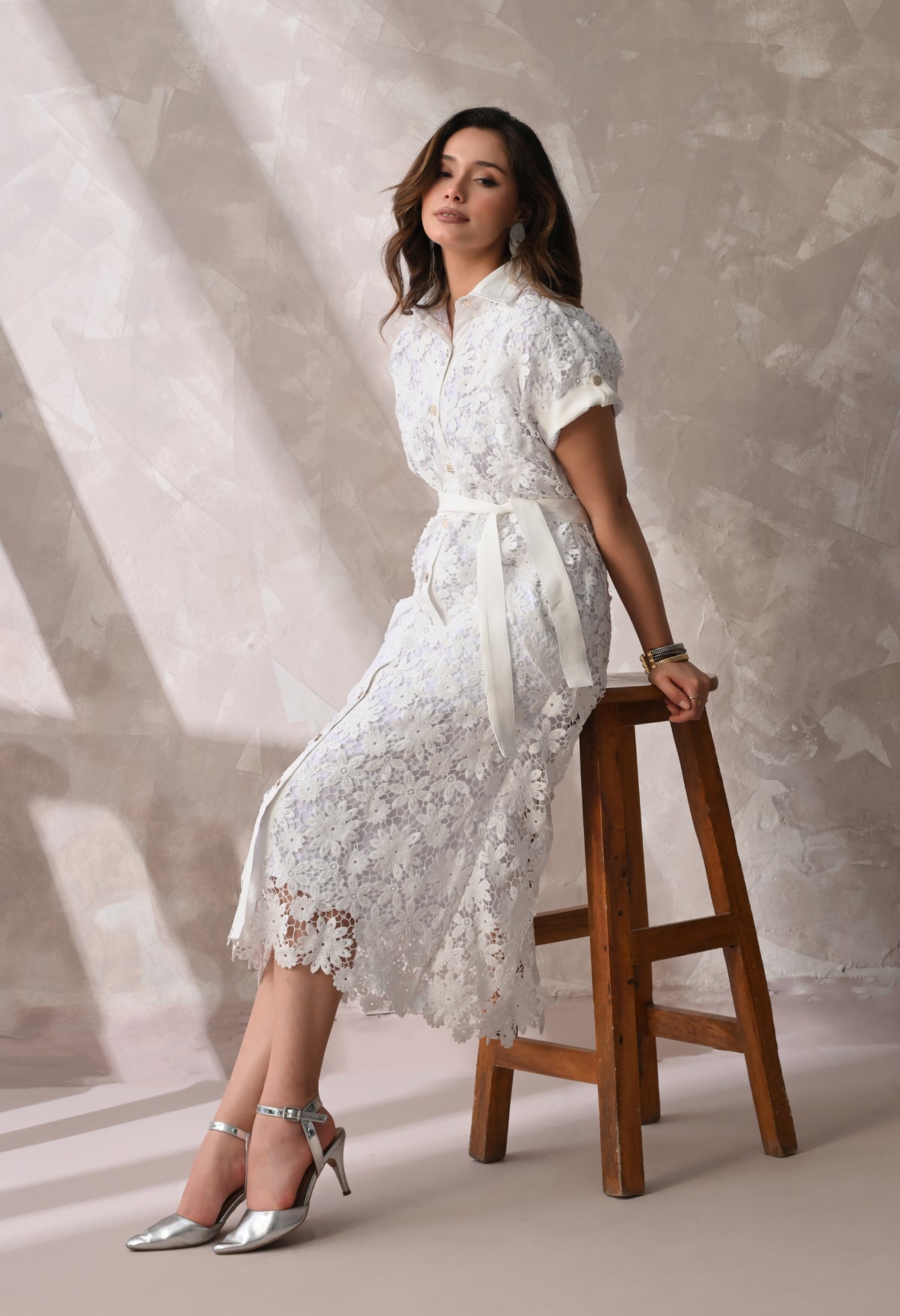 White Floral Lace Summer Midi Dress