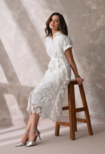 White Floral Lace Summer Midi Dress