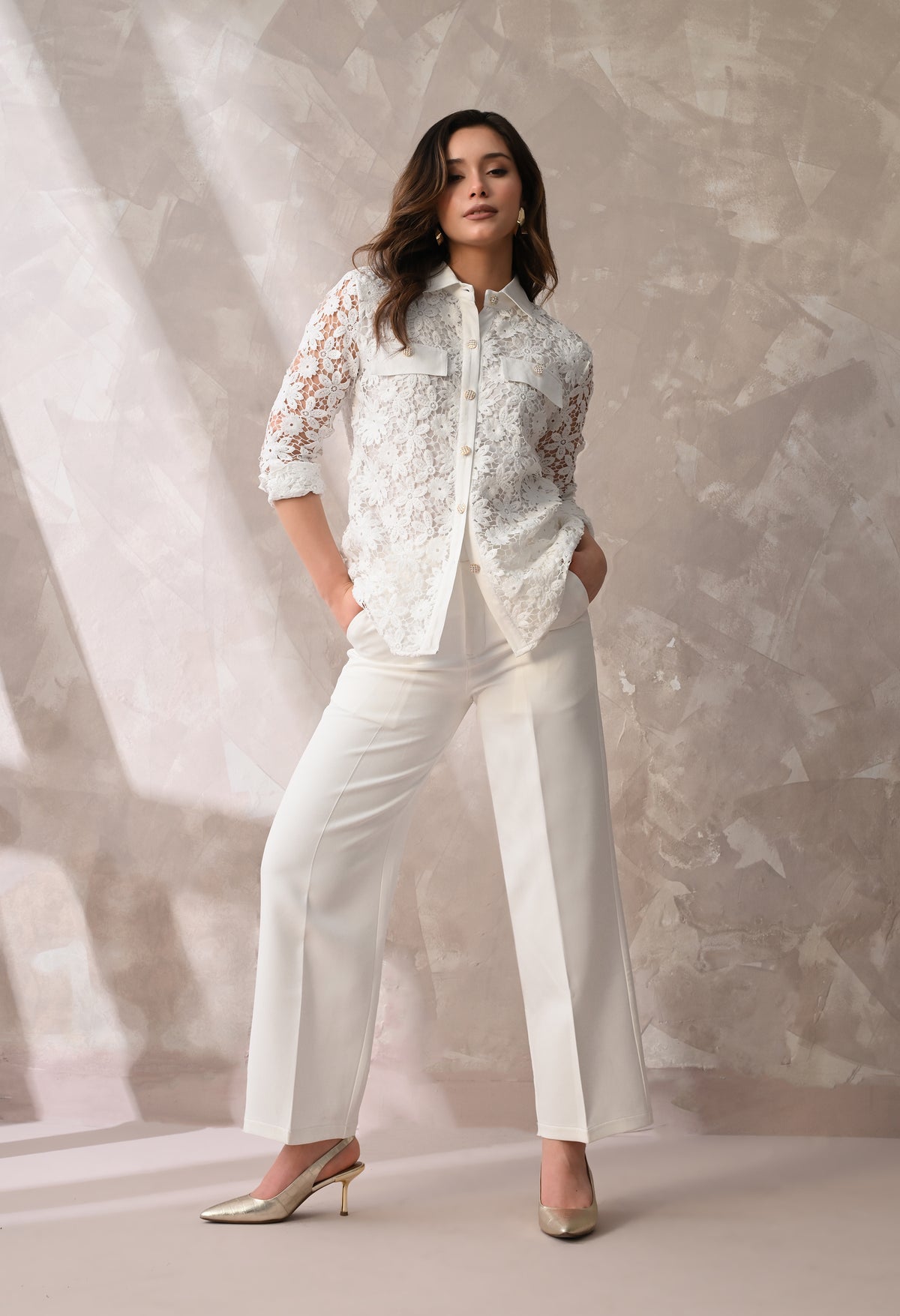 WHITE LACE SHIRT & TROUSER SET
