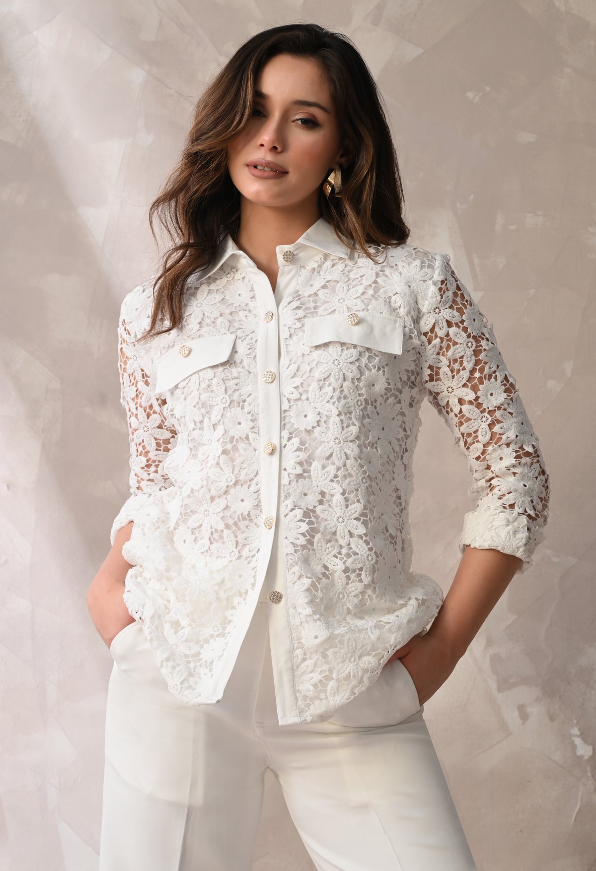 WHITE LACE SHIRT & TROUSER SET