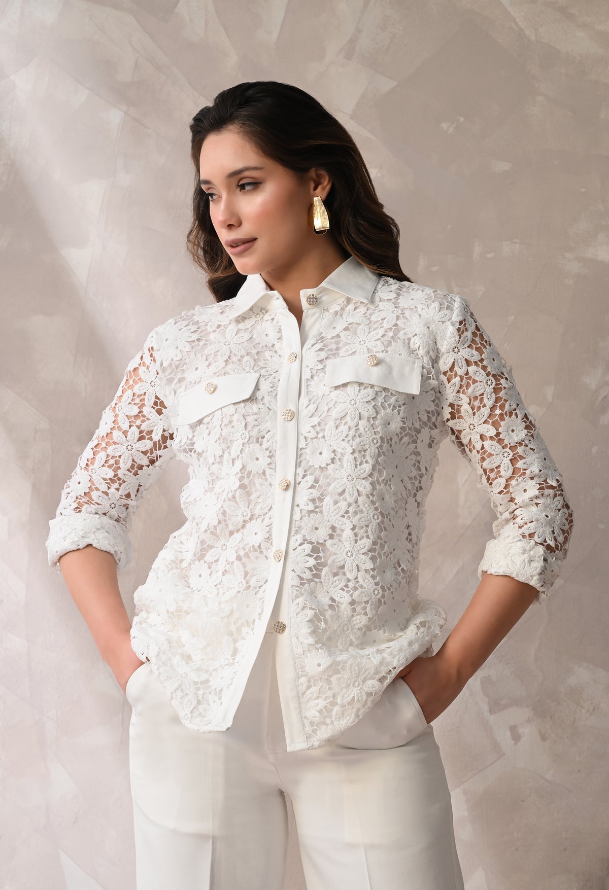 WHITE LACE SHIRT & TROUSER SET
