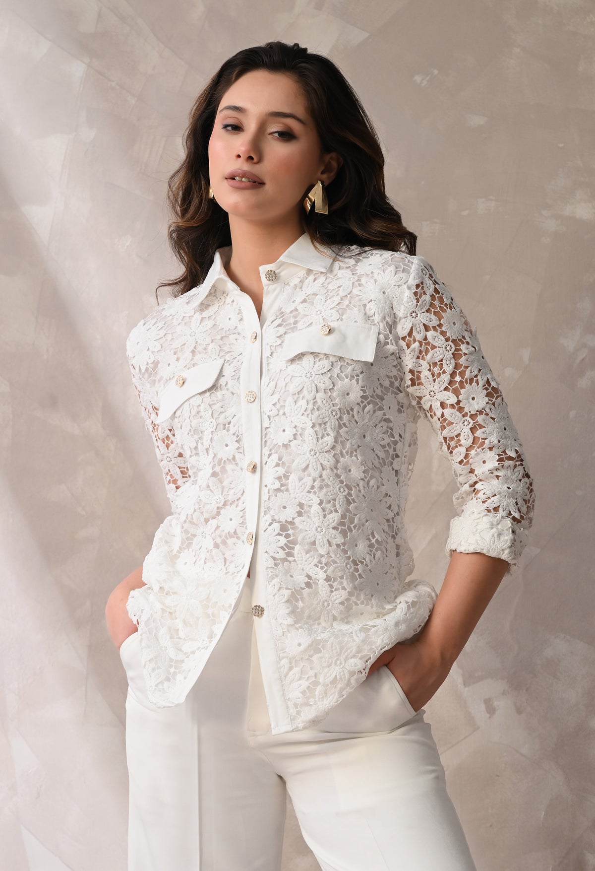 WHITE LACE SHIRT & TROUSER SET