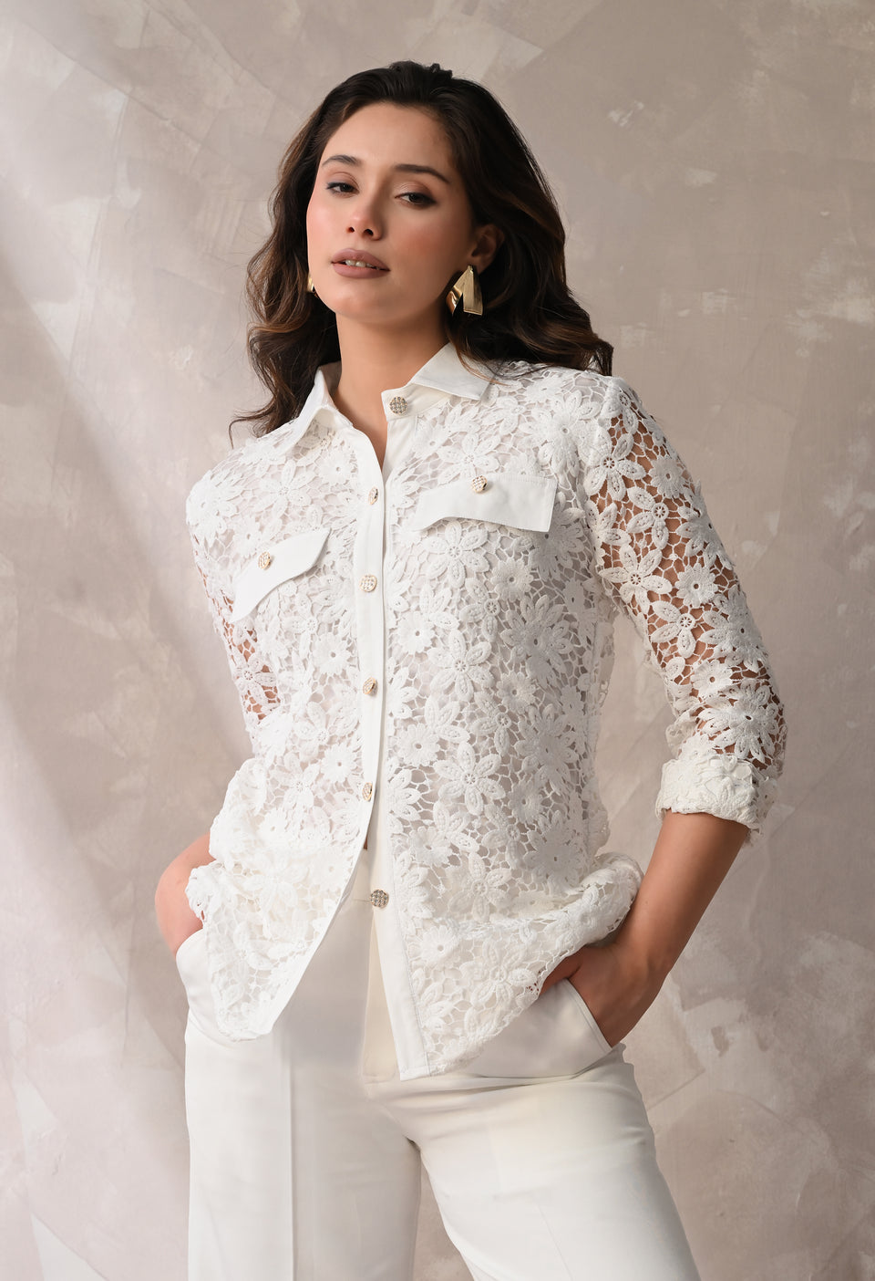 WHITE LACE SHIRT & TROUSER SET