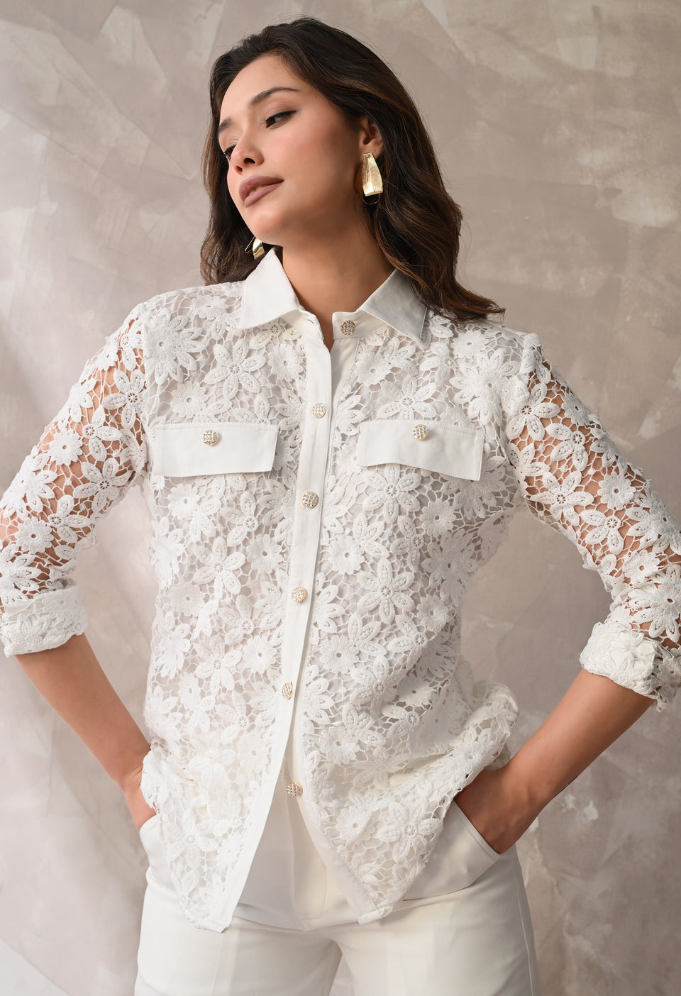 WHITE LACE SHIRT & TROUSER SET