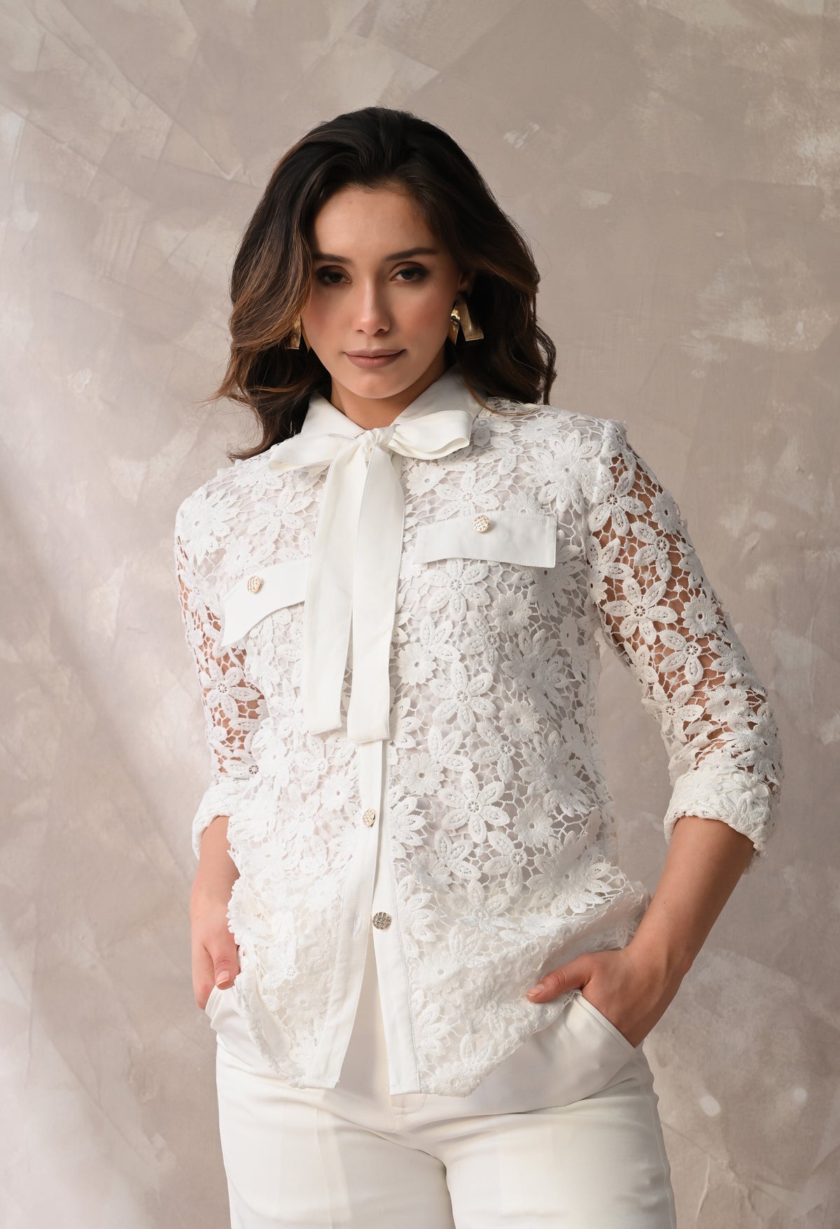 FLORAL LACE TIE-NECK SHIRT