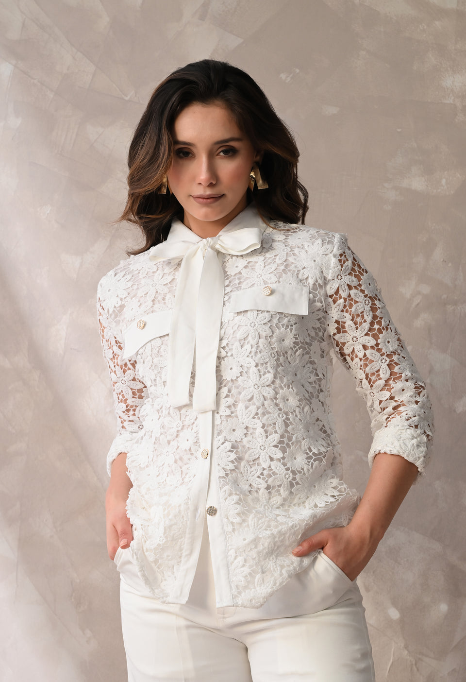 FLORAL LACE TIE-NECK SHIRT