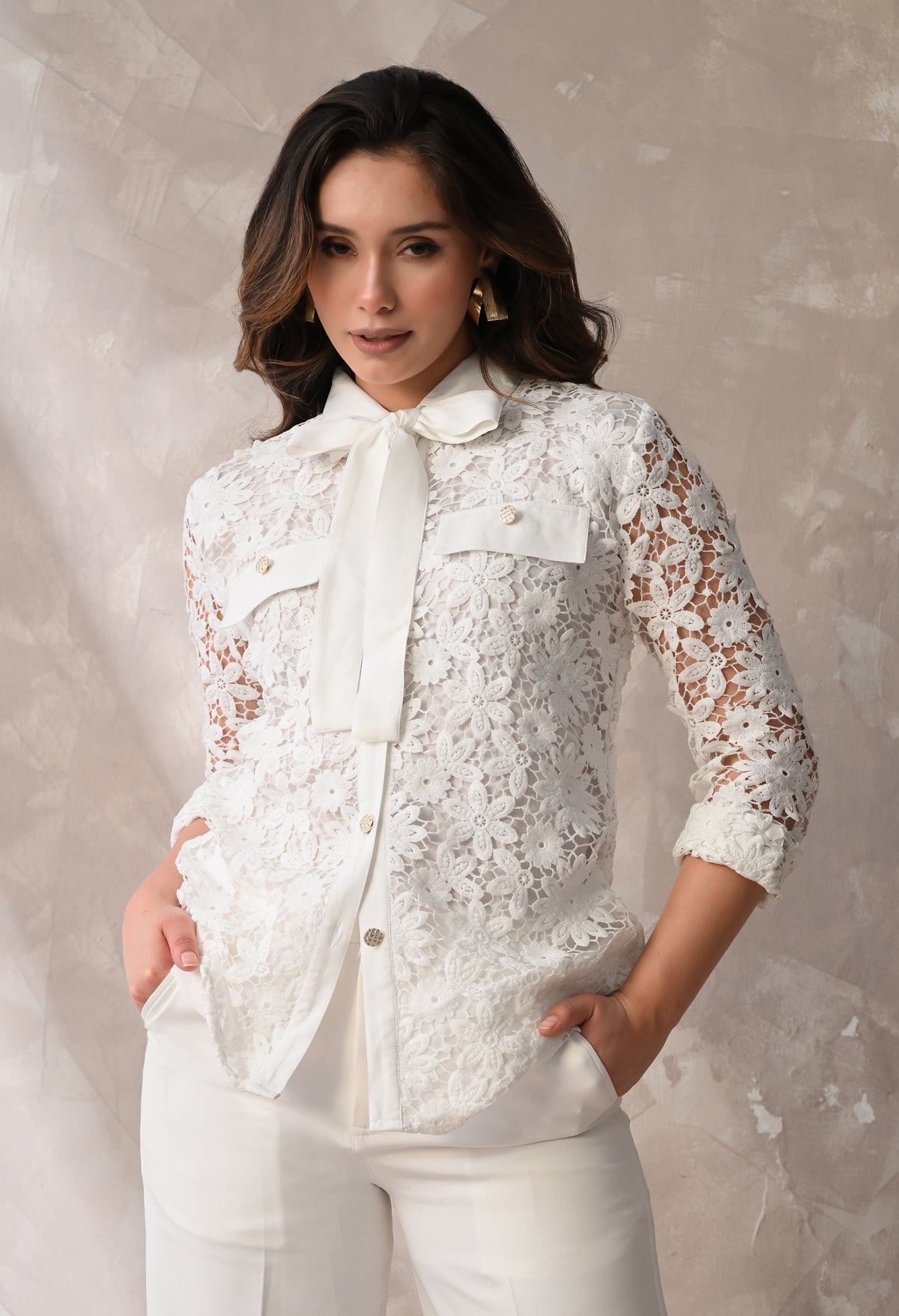 FLORAL LACE TIE-NECK SHIRT