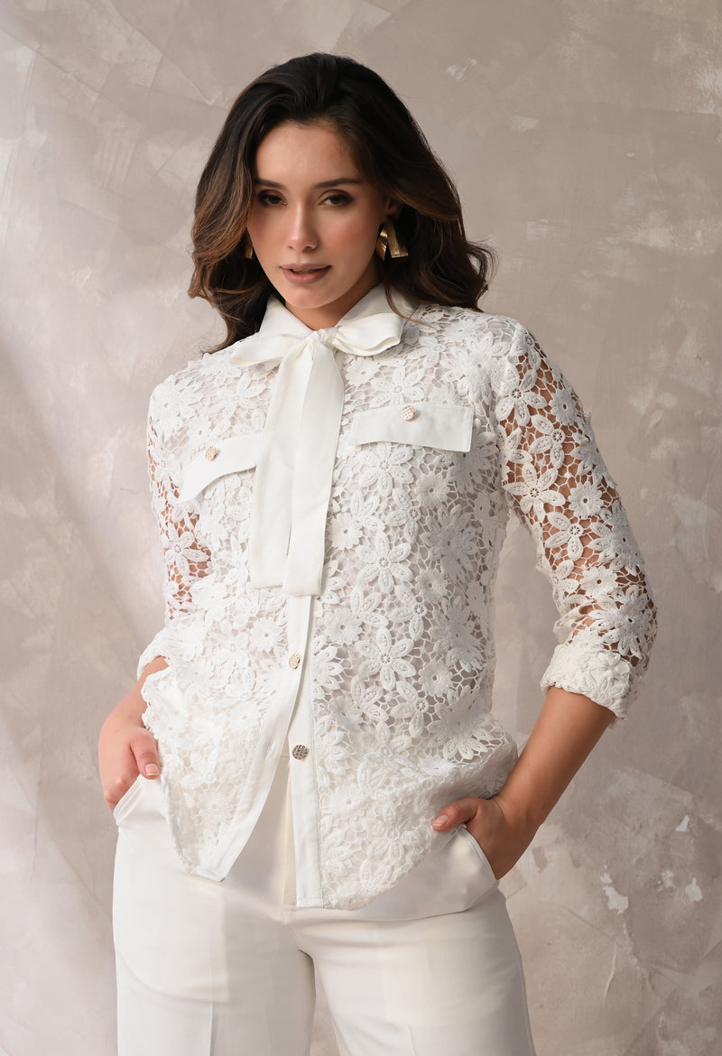 FLORAL LACE TIE-NECK SHIRT