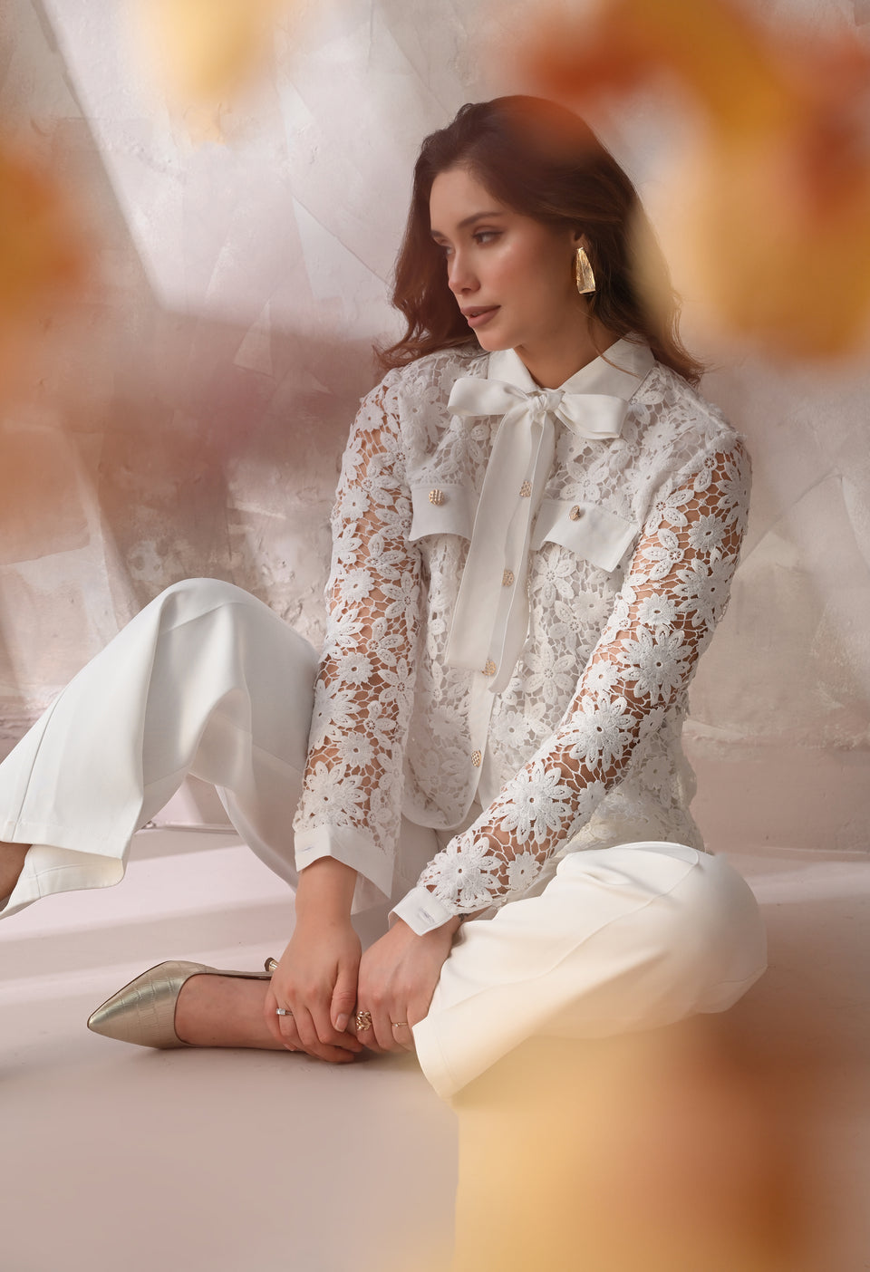 FLORAL LACE TIE-NECK SHIRT