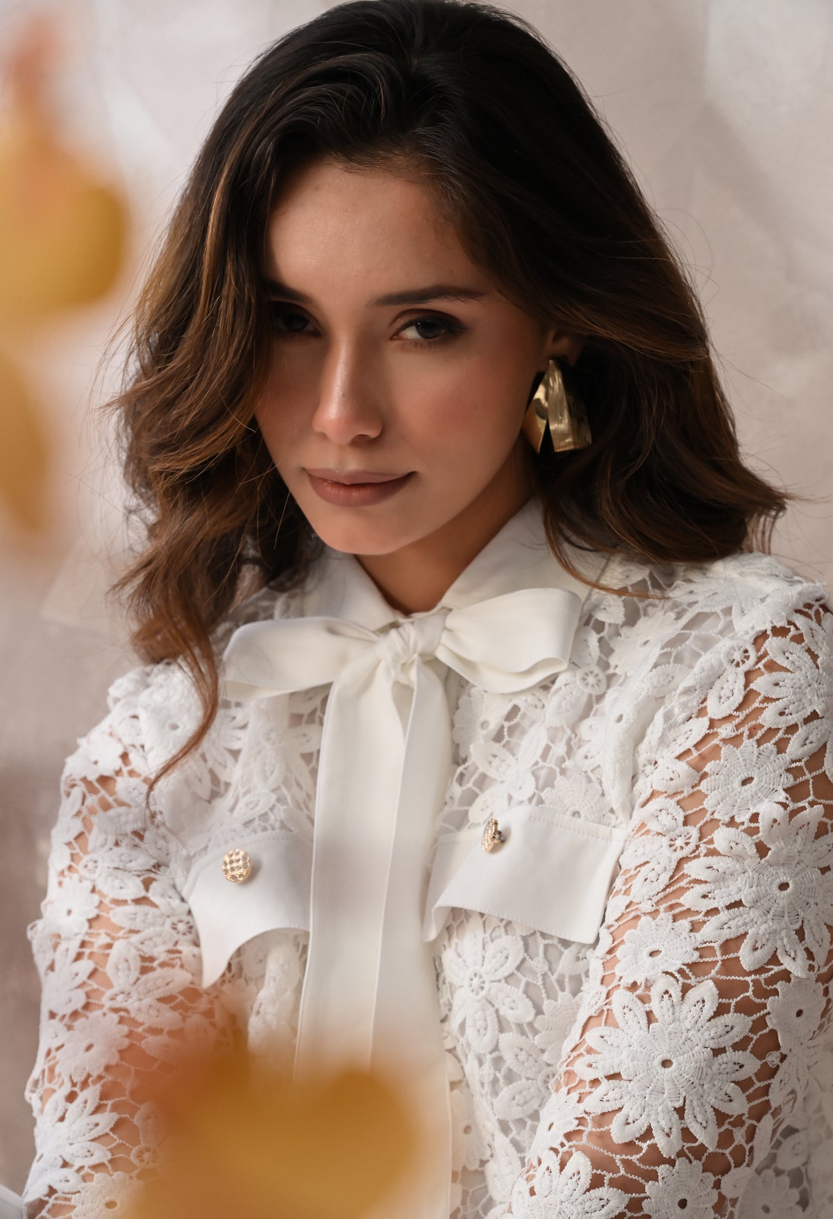 FLORAL LACE TIE-NECK SHIRT