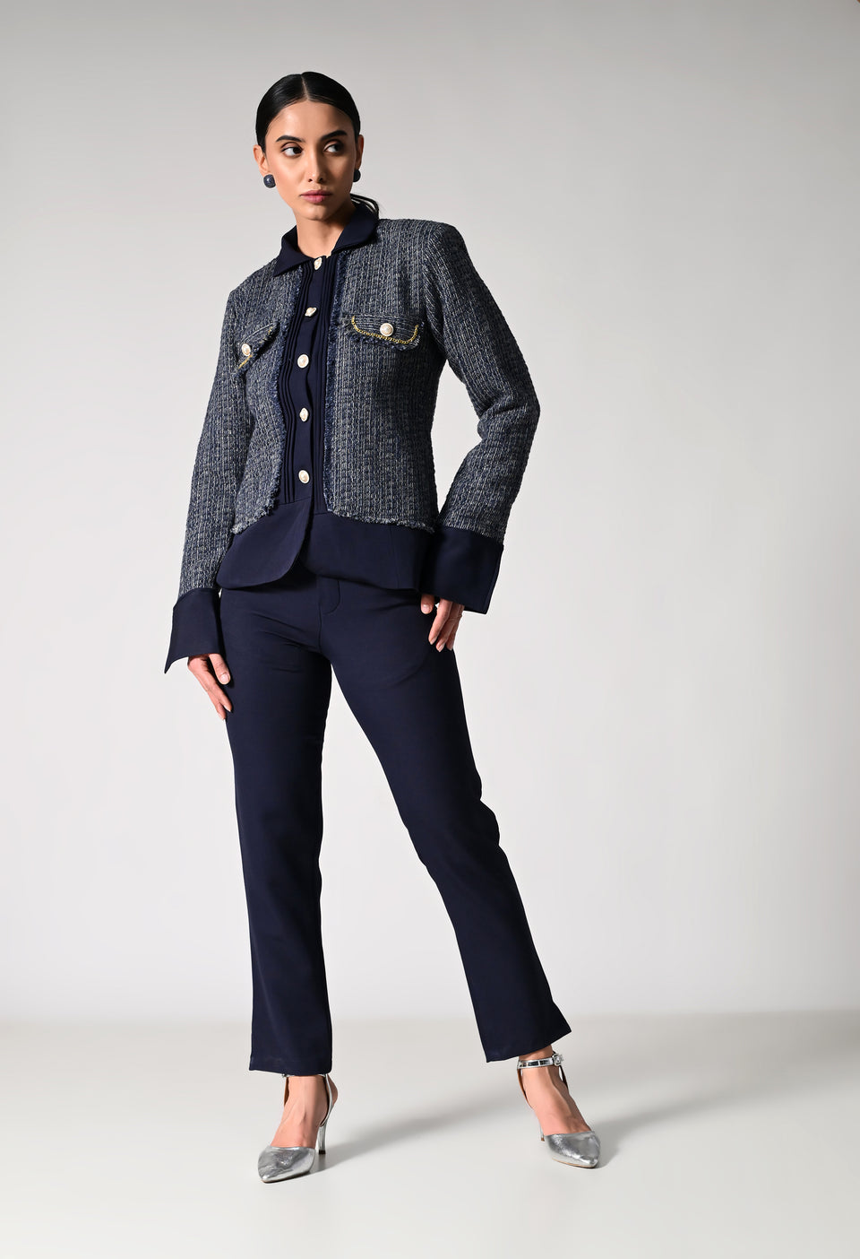 Blue Crepe and Tweed Co-ord set
