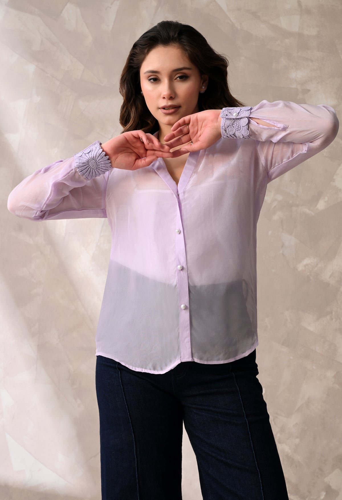 SHEER ORGANZA BUTTON - DOWN SHIRT WITH FLORAL LACE CUFFS AND MATCHING A INNER